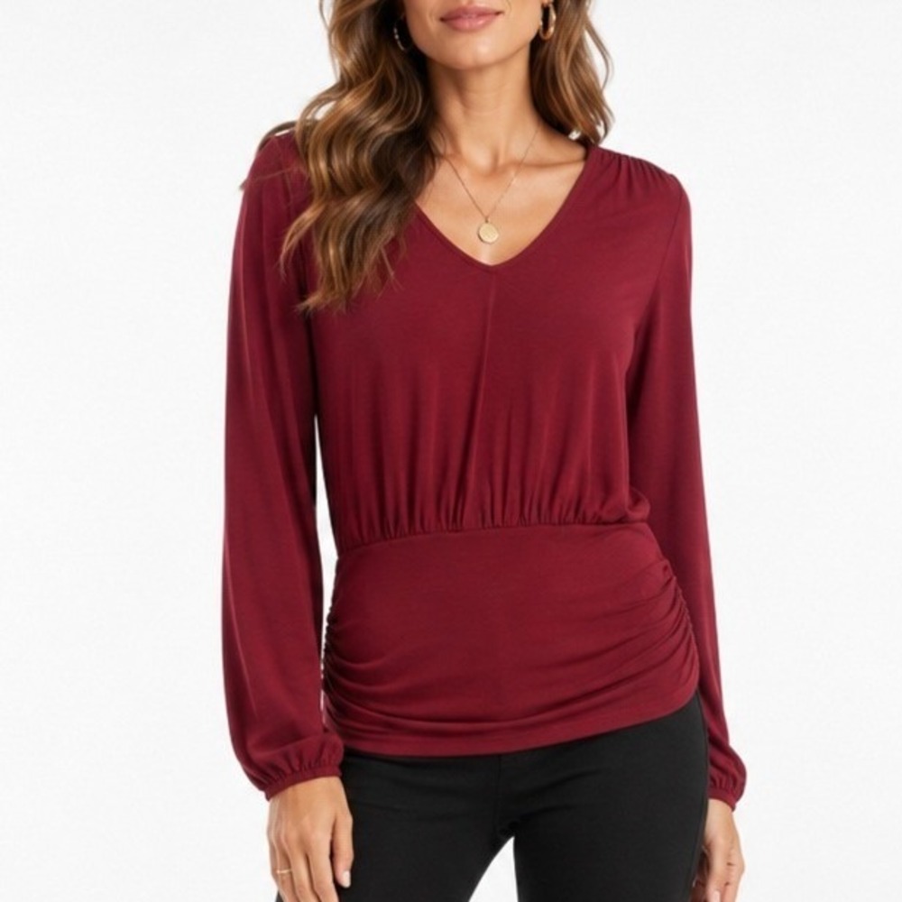 White House Black Market Burgundy Ruched V-Neck Blouse Long Sleeve XS NEW